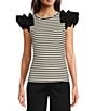 Color:Black/White - Image 1 - Ribbed Knit Crew Neck Contrasting Poplin Ruffled Short Sleeve Striped Top