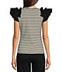 Color:Black/White - Image 2 - Ribbed Knit Crew Neck Contrasting Poplin Ruffled Short Sleeve Striped Top