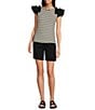 Color:Black/White - Image 3 - Ribbed Knit Crew Neck Contrasting Poplin Ruffled Short Sleeve Striped Top