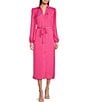 Color:Lipstick Pink - Image 1 - Satin Long Sleeve Point Collar Side Slit Button Front Pocketed Midi Shirt Dress