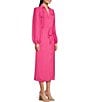 Color:Lipstick Pink - Image 3 - Satin Long Sleeve Point Collar Side Slit Button Front Pocketed Midi Shirt Dress