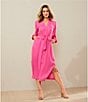 Color:Lipstick Pink - Image 5 - Satin Long Sleeve Point Collar Side Slit Button Front Pocketed Midi Shirt Dress