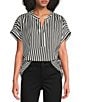 Gibson & Latimer Satin Stripe Moonshadow Split Round Neck Dropped Short Roll Tab Sleeve Hi-Low Shirttail Blouse, Color:Black/White - Image 4