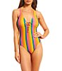 Color:Multi - Image 1 - Shine Striped Print Lace Up Plunging V-Neck One Piece Swimsuit