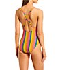 Color:Multi - Image 2 - Shine Striped Print Lace Up Plunging V-Neck One Piece Swimsuit