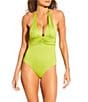 Gibson & Latimer Solid V-Neck Wide Band Halter One Piece Swimsuit, Color:Apple - Image 1