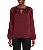 Color:Berry - Image 1 - Moonshadow Satin Tie Front Split Round Neck Long Peasant Sleeve Woven Top