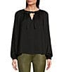 Color:Black - Image 1 - Moonshadow Satin Tie Front Split Round Neck Long Peasant Sleeve Woven Top
