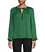 Color:Forest Green - Image 1 - Moonshadow Satin Tie Front Split Round Neck Long Peasant Sleeve Woven Top