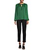 Color:Forest Green - Image 3 - Moonshadow Satin Tie Front Split Round Neck Long Peasant Sleeve Woven Top