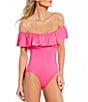 Color:Malibu Pink - Image 1 - Solid Ruffled Off-the-Shoulder One Piece Swimsuit
