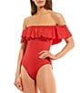 Color:Cherry Red - Image 1 - Summer Solids Ruffled Off-the-Shoulder One Piece Swimsuit