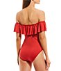 Color:Cherry Red - Image 2 - Summer Solids Ruffled Off-the-Shoulder One Piece Swimsuit