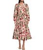 Color:Lipstick Pink - Image 1 - Tiered Long Sleeve Tie Waist Wrap Floral Print Midi Dress