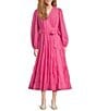 Gibson & Latimer Woven Poplin V-Neck Long Blouson Sleeve Tie at Side Wrap A-Line Flounce Midi Dress, Color:Magenta - Image 1