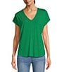 Color:Kelly Green - Image 1 - V-Neck Short Sleeve Shell Knit Shirt