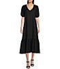 Gibson & Latimer V-Neck Tie Back Detail Short Puffed Sleeve Tiered Ruffled Hem Midi Dress, Color:Black - Image 1