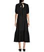 Gibson & Latimer Crepe Waffle Knit V-Neck Tie Back Detail Puffed Short Sleeve Tiered A-Line Flounce Midi Dres, Color:Black - Image 3