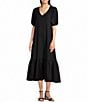 Gibson & Latimer Crepe Waffle Knit V-Neck Tie Back Detail Puffed Short Sleeve Tiered A-Line Flounce Midi Dres, Color:Black - Image 2