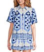Gibson & Latimer Woven Mixed Print Collar Short Sleeve Button Front Coordinating Shirt - Image 1