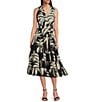 Gibson & Latimer Woven Tropical Palm Print V-Neck Sleeveless Tie at Waist Tiered Midi Wrap Dress, Color:Black/White - Image 1
