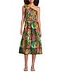 Gibson & Latimer Woven Tropical Print One Side Tie Shoulder Asymmetrical Neck Midi Sheath Dress, Color:Green/Multi - Image 1