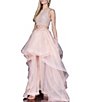 Color:Blush Nude - Image 1 - Sleeveless Beaded Diamond Crop Top & Layered Corkscrew Chiffon Two-Piece Ball Gown