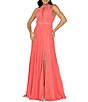 Color:Coral - Image 1 - Sleeveless Beaded Halter-Neck Slit Hem Pleated Ball Gown