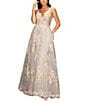 Color:Ivory Nude - Image 1 - Sleeveless Deep V-Neck 3D Floral Embroidered Mesh Ball Gown
