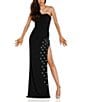 Color:Black - Image 1 - Strapless Embellished Fringe Side Slit Gown