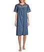 Color:Bird House - Image 1 - Embroidered Bird & Floral Denim Short Sleeve Zip-Front Patio Dress