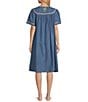 Color:Bird House - Image 2 - Embroidered Bird & Floral Denim Short Sleeve Zip-Front Patio Dress