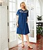 Color:Sea Life - Image 5 - Embroidered Sea Life Short Sleeve Zip-Front Denim Patio Dress