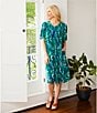 Color:Green Blue Floral - Image 4 - Floral Print Short Sleeve V-Neck Zip-Front Patio Dress