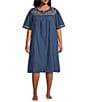 Color:Bird House - Image 1 - Plus Size Embroidered Bird & Floral Denim Round Neck Short Sleeve Zip-Front Patio Dress