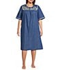 Go Softly Plus Size Embroidered Birdhouse Denim Short Sleeve Zip-Front Patio Dress - Image 1