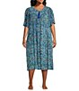 Color:Teal Paisley - Image 1 - Plus Size Teal Paisley Print V-Neck Short Sleeve Tassel Front Zip Crinkled Patio Dress