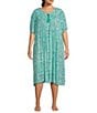 Color:Teal Tile - Image 1 - Plus Size Tile Print V-Neck Short Sleeve Zip-Front Crinkle Patio Dress