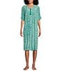 Color:Teal Tile - Image 1 - Tile Print V-Neck Short Sleeve Zip-Front Crinkle Patio Dress