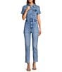 Color:Blue274 - Image 1 - Fit For Success Short Sleeve Point Collar Straight Leg Stretch Denim Flight Suit