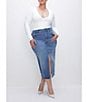 Color:Blue691 - Image 3 - Plus Size Denim High Rise Front Slit Midi Skirt
