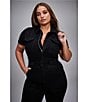 Color:Black009 - Image 4 - Plus Size Fit For Success Short Sleeve Point Collar Straight Leg Stretch Denim Jumpsuit