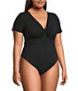 Good American Plus Size Jersey Knit Twst Front V-Neck Short Sleeve Bodysuit, Color:Black001 - Image 3