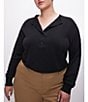 Color:Black001 - Image 1 - Plus Size Knit Tissue V-Neck Long Sleeve Henley Sweater
