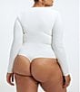 Color:Ivory001 - Image 3 - Plus Size Scoop Neck Long Sleeve Knit Bodysuit