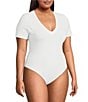 Good American Plus Size Super Stretch Deep V-Neck Short Sleeve Bodysuit, Color:White - Image 2