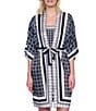 Gottex Bali Geometric Print 3/4 Flutter Sleeves Tie Belt Open Front Kimono Swim Cover-Up, Color:Black Cream - Image 1