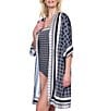 Gottex Bali Geometric Print 3/4 Flutter Sleeves Tie Belt Open Front Kimono Swim Cover-Up, Color:Black Cream - Image 3