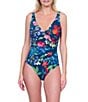 Gottex Garden Dream V-Neck Front Wrap Surplice One Piece Swimsuit, Color:Navy Multi - Image 1