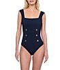 Gottex Monte Carlo Solid Square Neck Cap Sleeves Underwire Tummy Control One Piece Swimsuit, Color:Black - Image 1